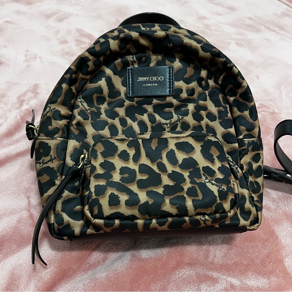 Jimmy Choo Candice Onyp Nylon Leather Black / Brown Leopard Women Backpack